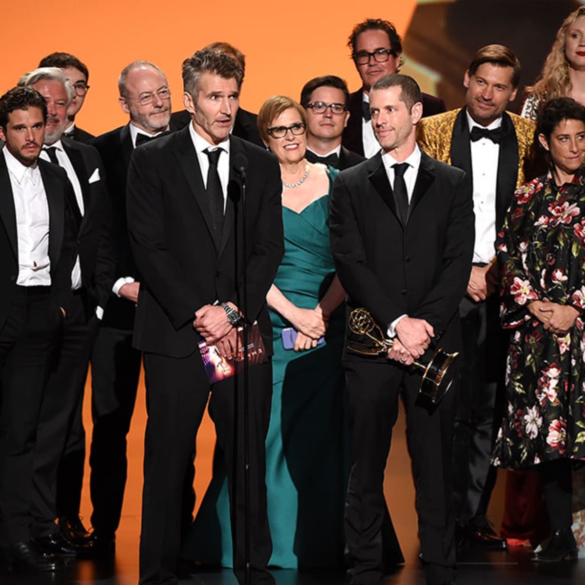 Cast and crew of Game of Thrones, winners of the award for Outstanding  Writing for a Drama Series, appear backstage during the 70th annual  Primetime Emmy Awards at the Microsoft Theater in