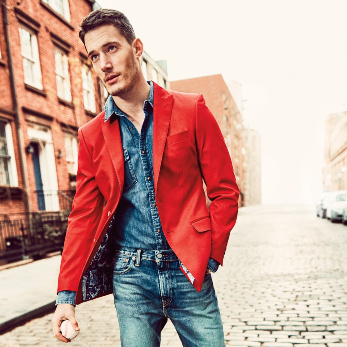Bright red blazer top mens