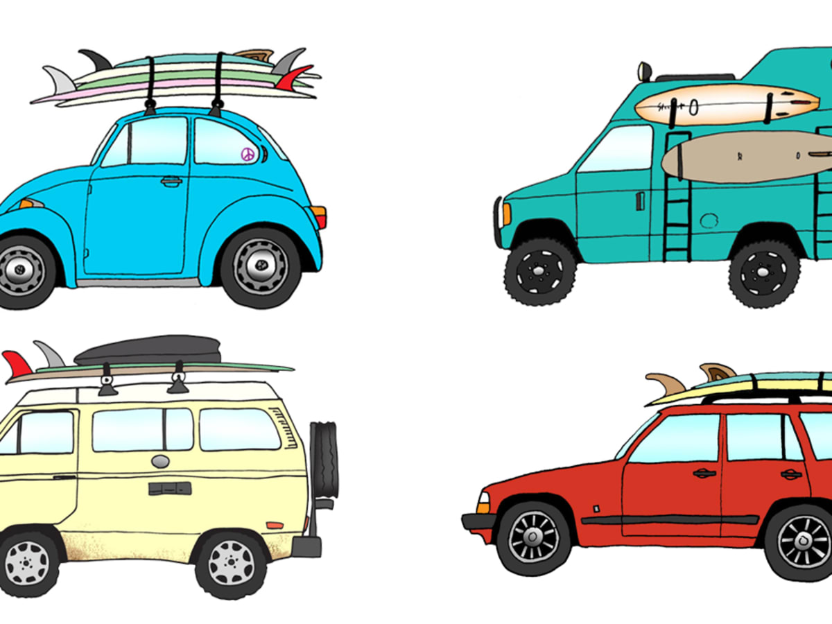 Car with top surfboard on top