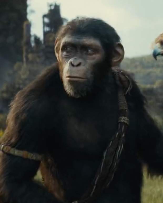 A chimpanzee with an eagle on its wrist in Kingdom of the Planet of the Apes