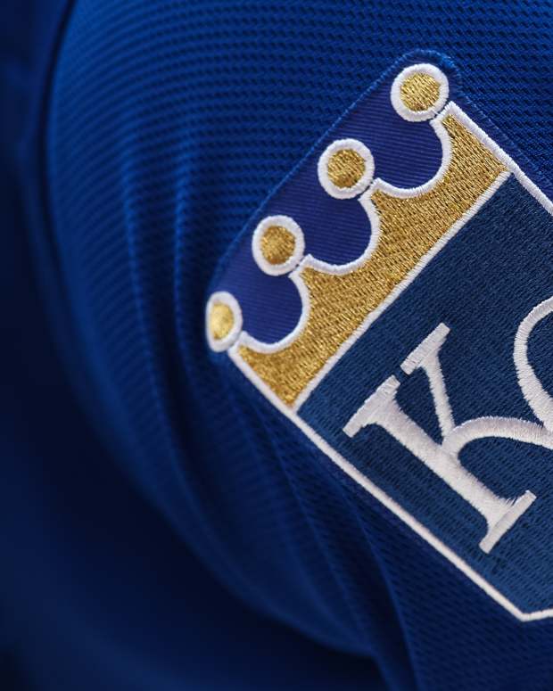 A view of the Kansas City Royals logo on the jersey worn by MJ Melendez #1 of the Kansas City Royals in the third inning of the game against the Minnesota Twins at Target Field on May 28, 2022 in Minneapolis, Minnesota.