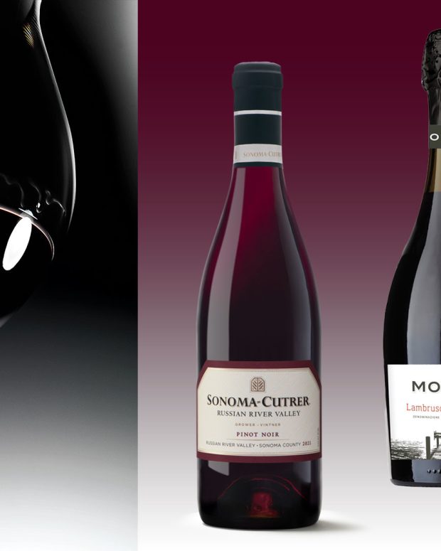 Image left depicts close-up of red wine in glass; image right depicts compose of best red wine including Sonoma-Cutrer Russian River Valley Pinot Noir 2021, Molo 8 Lambrusco Mantovano, and Bodini Malbec