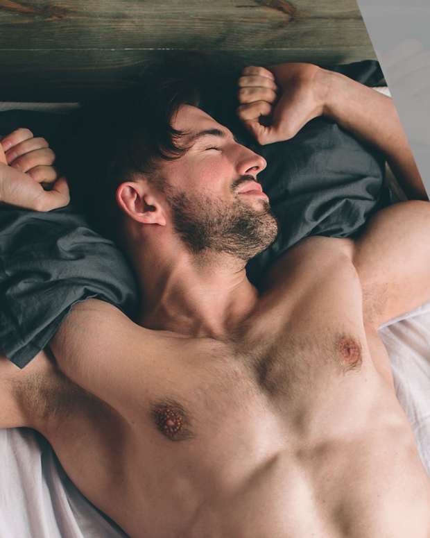 on the left side a man laying in bed with his shirt off, on the right side three of our top picks for the best mattresses for athletes: the Nolah Evolution, Bear Elite Hybrid, and the WinkBed