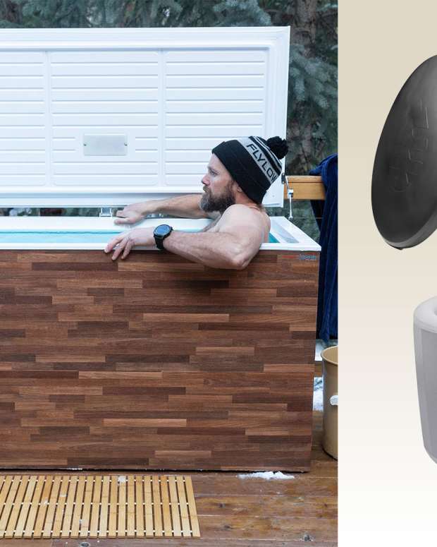 Image left depicts man in ski hat sitting in wood-paneled Fire Cold Plunge ice bath tub on outdoor deck; image right depicts composite of best cold plunges of 2024, including Ice Barrel 300 and Redwood Outdoors Yukon Cold