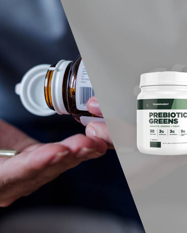 An image of a hand with a pill in it on the left and on the right three of our picks for the best prebiotic supplement: ritual symbiotic, transparent labs prebiotics greens, and olipop