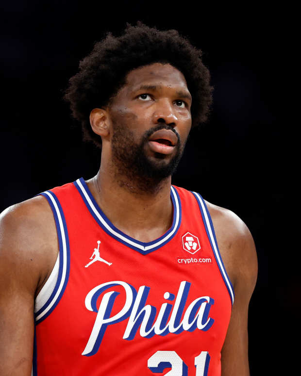 Joel Embiid #21 of the Philadelphia 76ers looks on during the game against the New York Knicks in Game Two of the Eastern Conference First Round Playoffs at Madison Square Garden on April 22, 2024 in New York City.