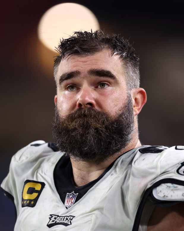 Jason Kelce #62 of the Philadelphia Eagles stands on the sideline during the second half NFC Wild Card playoff game against the Tampa Bay Buccaneers at Raymond James Stadium on January 15, 2024 in Tampa, Florida.