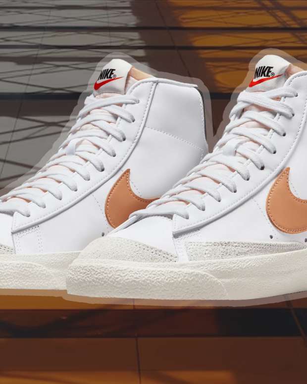 The Nike Men's Blazer Mid '77 Vintage Shoes in White/Brown are on sale right now at Dick's Sporting Goods