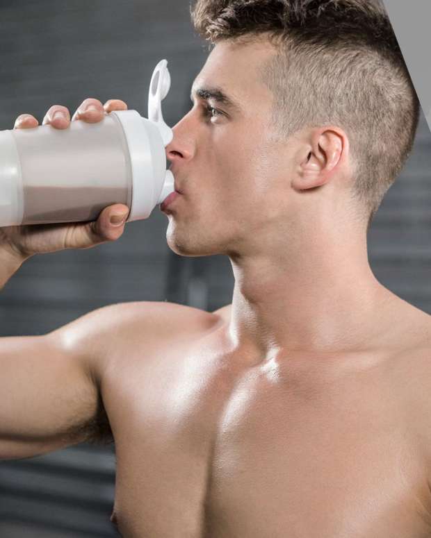 A shirtless man drinking a protein shake on the left and on the right three of our picks for the best tasting protein powder, transparent labs organic vegan, xwerks grow, and legion whey+