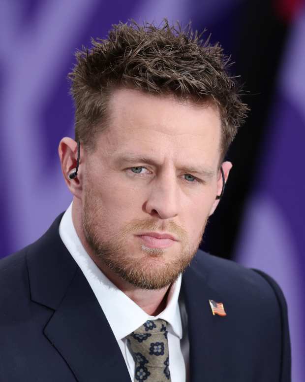 LAS VEGAS, NEVADA - FEBRUARY 11: Former NFL player and TV analyst JJ Watt looks on before Super Bowl LVIII between the Kansas City Chiefs and the San Francisco 49ers at Allegiant Stadium on February 11, 2024 in Las Vegas, Nevada. (Photo by Steph Chambers/Getty Images)