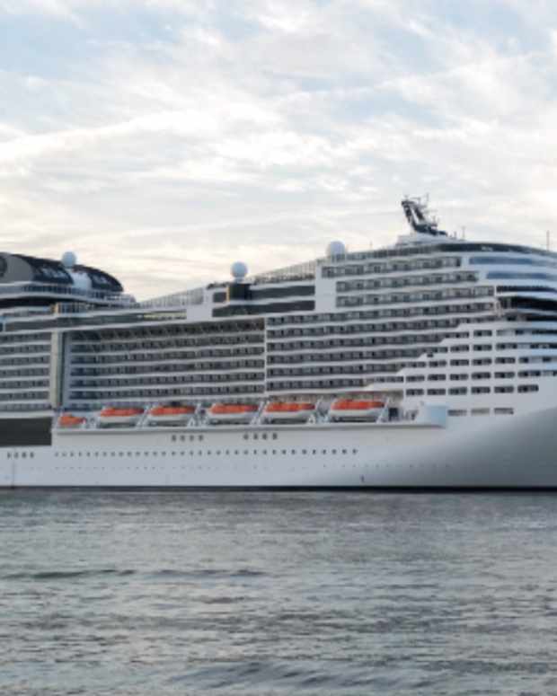 The MSC Meraviglia cruise ship is seen leaving the port of New York on December 9, 2023.