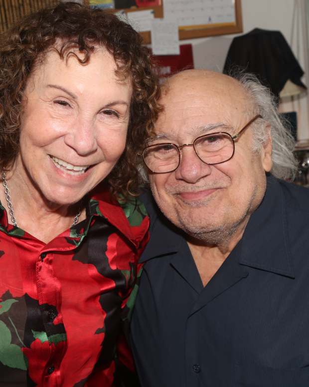Rhea Perlman and Danny DeVito pose backstage at the opening night of the new play "I Need That" on Broadway at The Roundabout Theatre Company/ American Airlines Theatre on November 2, 2023 in New York City.