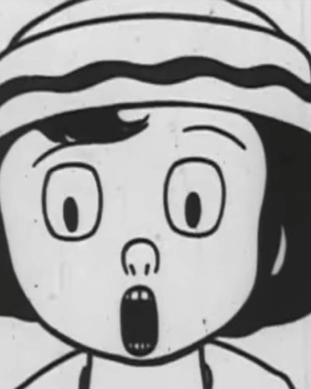 A still from the 1923 short anime film Dental Health showing a girl with a shocked face wearing a beanie