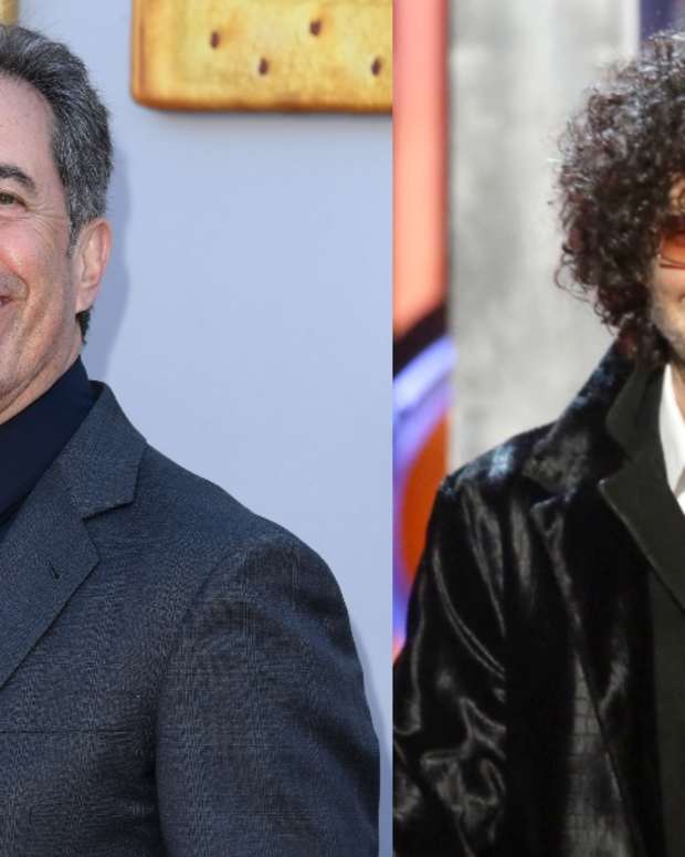 Left; Jerry Seinfeld arrives at the Los Angeles Premiere Of Netflix's "UNFROSTED" at The Egyptian Theatre Hollywood on April 30, 2024. Right; Howard Stern inducts Bon Jovi on stage during the 33rd Annual Rock & Roll Hall of Fame Induction Ceremony at Public Auditorium in Cleveland, Ohio on April 14, 2018.