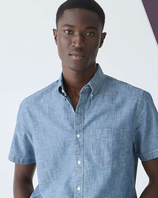 The J.Crew Short-Sleeve Indigo Organic Chambray Shirt in One Year Wash (left and bottom right); The J.Crew Short-Sleeve Indigo Organic Chambray Shirt in Five Year Wash (top right)