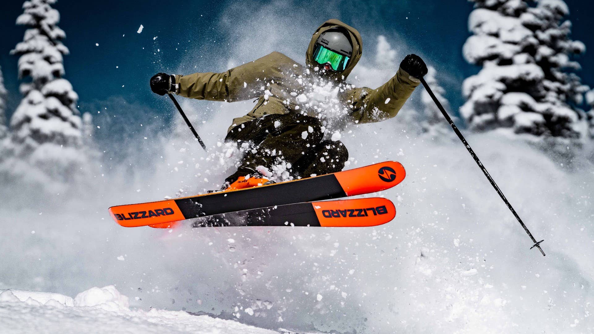 Airborne skier on Blizzard skis.