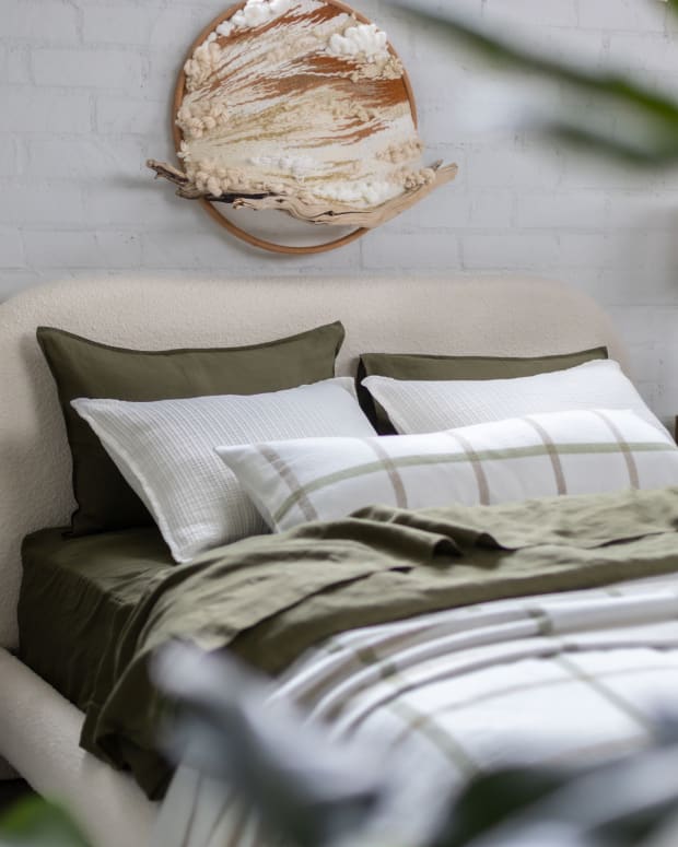 Copenhagen bedding from Pom Pom at Home accentuates a luxurious guest room.