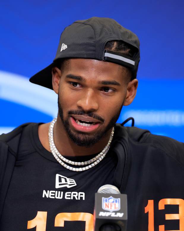 INDIANAPOLIS, INDIANA - FEBRUARY 28: Shedeur Sanders #QB13 of Colorado speaks to the media during the 2025 NFL Scouting Combine at Lucas Oil Stadium on February 28, 2025 in Indianapolis, Indiana. (Photo by Justin Casterline/Getty Images)