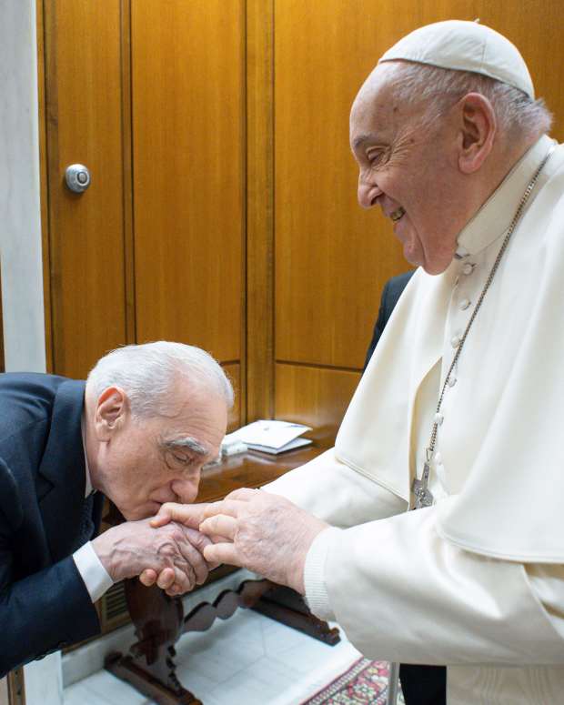 VATICAN CITY, VATICAN - JANUARY 31: (EDITOR NOTE: STRICTLY EDITORIAL USE ONLY - NO MERCHANDISING) Pope Francis meets with American filmmaker Martin Scorsese during an audience at his studio of the Paul VI Hall on January 31, 2024 in Vatican City, Vatican. Scorsese is currently working on a film about Jesus based on the novel by Japanese writer Shasaku Endo. The inspiration, the director told the American press, came precisely from Pope Francis and from the appeal made to the art world: "I responded in the only way I know how: by imagining and writing a script for a film about Jesus". (Photo by Vatican Media via Vatican Pool/Getty Images)