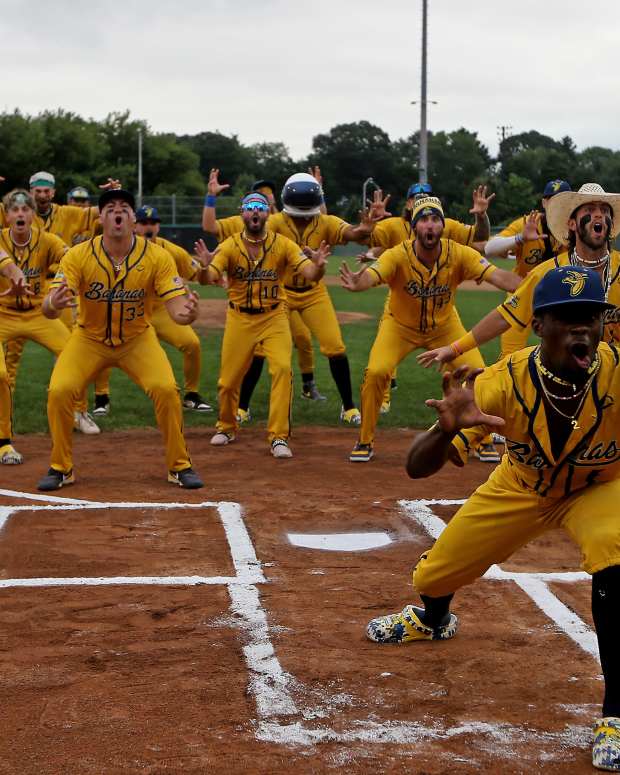 Brockton, Mass., August 16, 2023: The Bananas practice their dance moves the Savannah Bananas take on the Party Animals at Campanelli Stadium on August 16, 2023 in , Brockton, MA.   (Staff Photo By Stuart Cahill/MediaNews Group/Boston Herald via Getty Images)