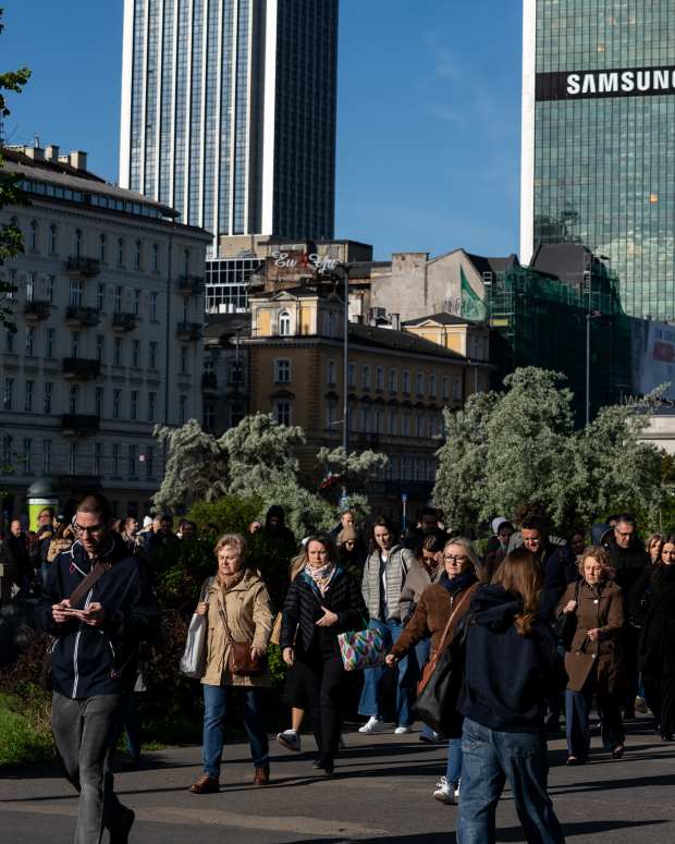 Pedestrians in downtown Warsaw, Poland, on Wednesday, May 7, 2025.