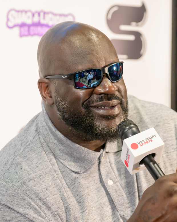 Shaquille O'Neal attends the Shaquille O'Neal Big Pod Event at Home Room San Antonio on April 05, 2025 in San Antonio, Texas.