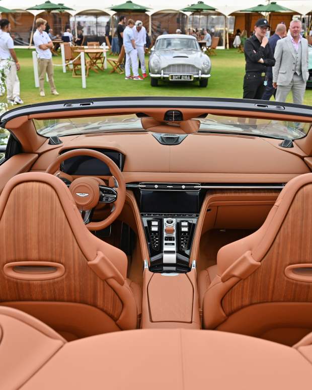WOODSTOCK, ENGLAND - SEPTEMBER 01: the interior of an Aston Martin Open-top DB12 Volante Super Tourer is displayed during the Salon Prive 2023 at Blenheim Palace on September 01, 2023 in Woodstock, England. The four-day annual event is the UK's longstanding celebration of all things motor, with rare collector cars and luxury brands, and culminating in a public day showcasing supercars and classics on September 2. (Photo by John Keeble/Getty Images)