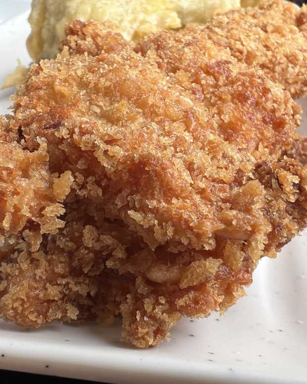 Close-up of a skewer of fried chicken katsu at Marugame Udon, San Ramon, California, July 2, 2022. (Photo by Smith Collection/Gado/Getty Images)