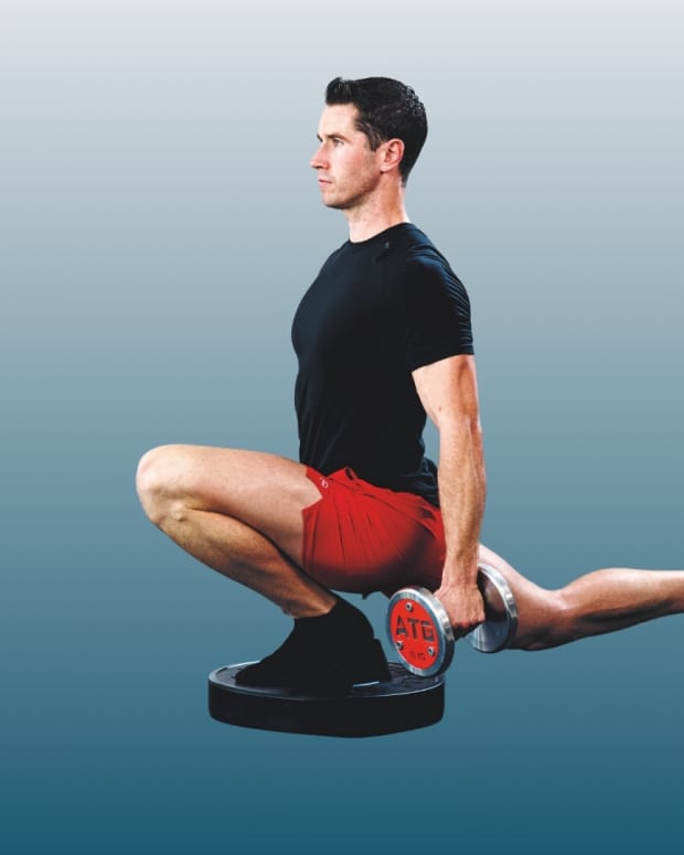 Ben Patrick performs ATG Split Squat on blue and grey gradient background.