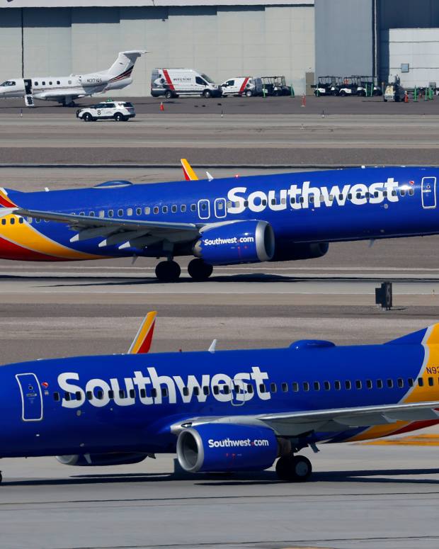 LAS VEGAS, NEVADA - MARCH 15: A Southwest Airlines Boeing 737 airplane departs from Harry Reid International Airport as another airplane taxis on March 15, 2025 in Las Vegas, Nevada. (Photo by Kevin Carter/Getty Images)