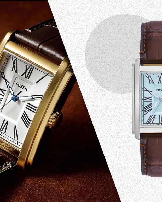 The Fossil 30mm Carraway Quartz Leather Strap Watch, pictured here, is on sale right now at Amazon.