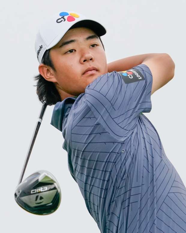 May 4, 2024; McKinney, Texas, USA; Kris Kim plays his shot from the tenth tee during the third round of THE CJ CUP Byron Nelson golf tournament.