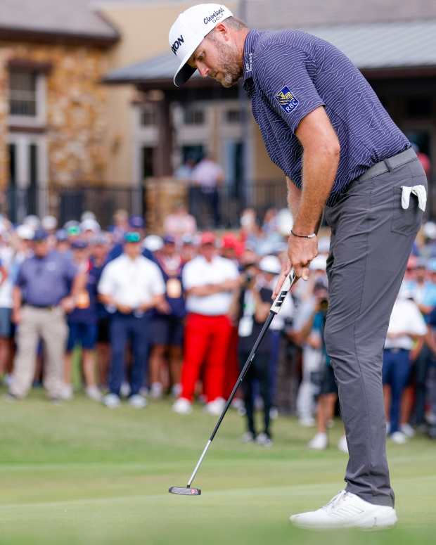 May 5, 2024; McKinney, Texas, USA; Taylor Pendrith sinks his putt on the eighteenth hole to win THE CJ CUP Byron Nelson golf tournament.