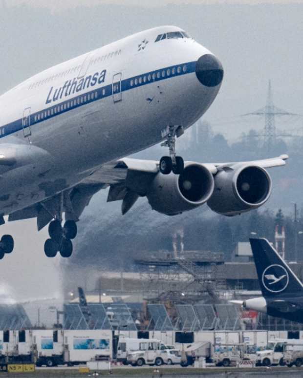 A Lufthansa Boeing 747 takes off from Frankfurt Airport on March 10, 2024.
