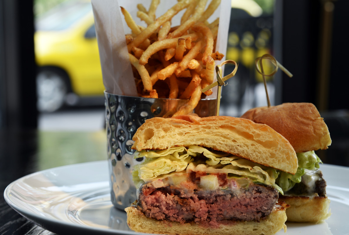 A burger and fries at a restaurant