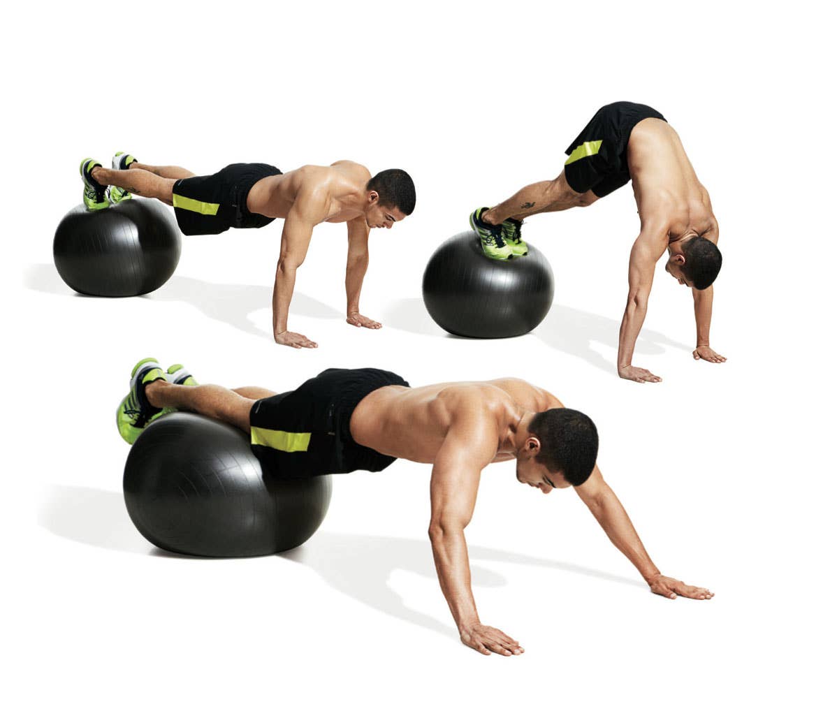 Ab Exercises: Shirtless man with black and yellow shorts performs swiss ball pike up.