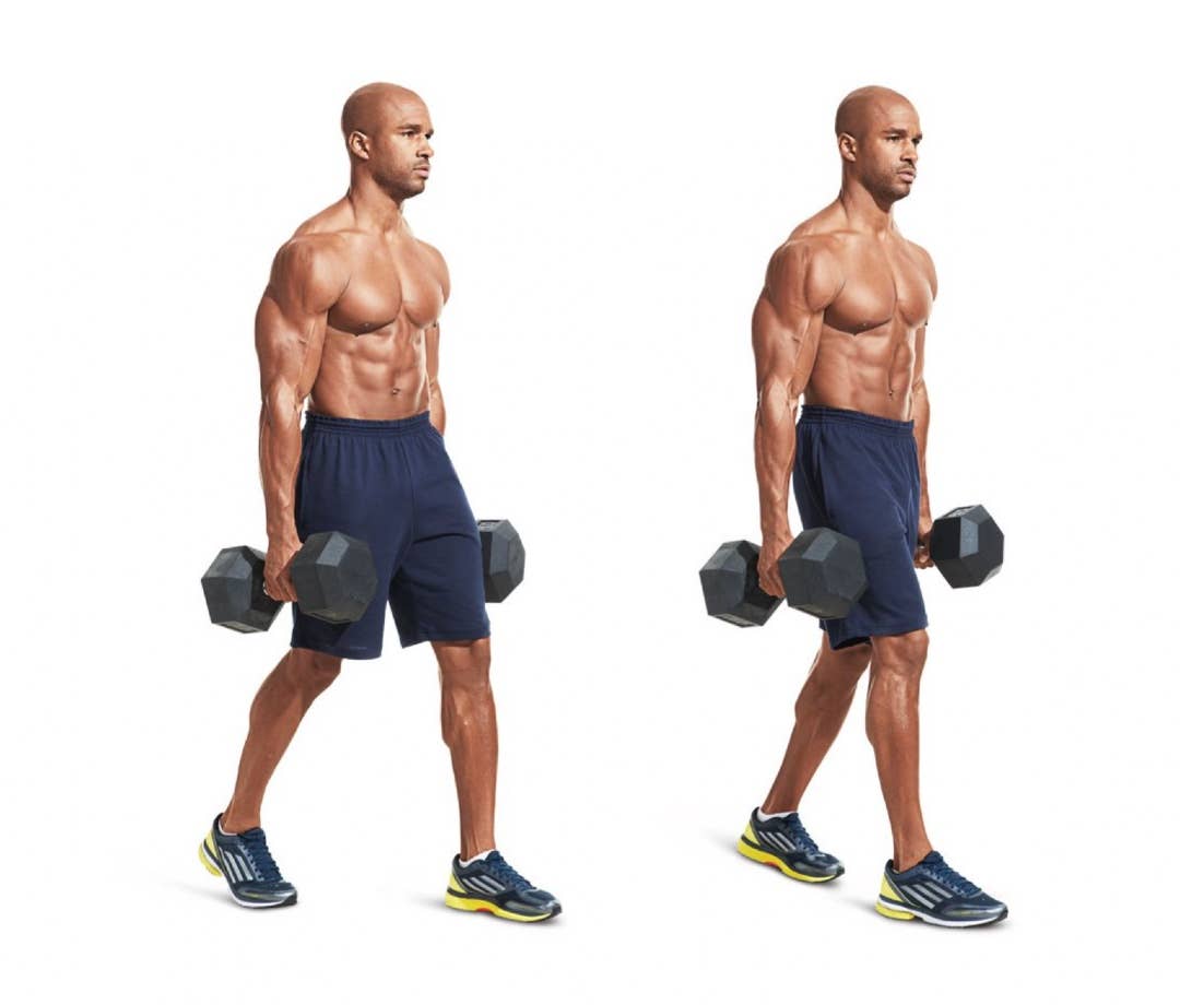 Best Dumbbell Exercises for 2025: Shirtless Black man doing farmer's walk with dumbbells