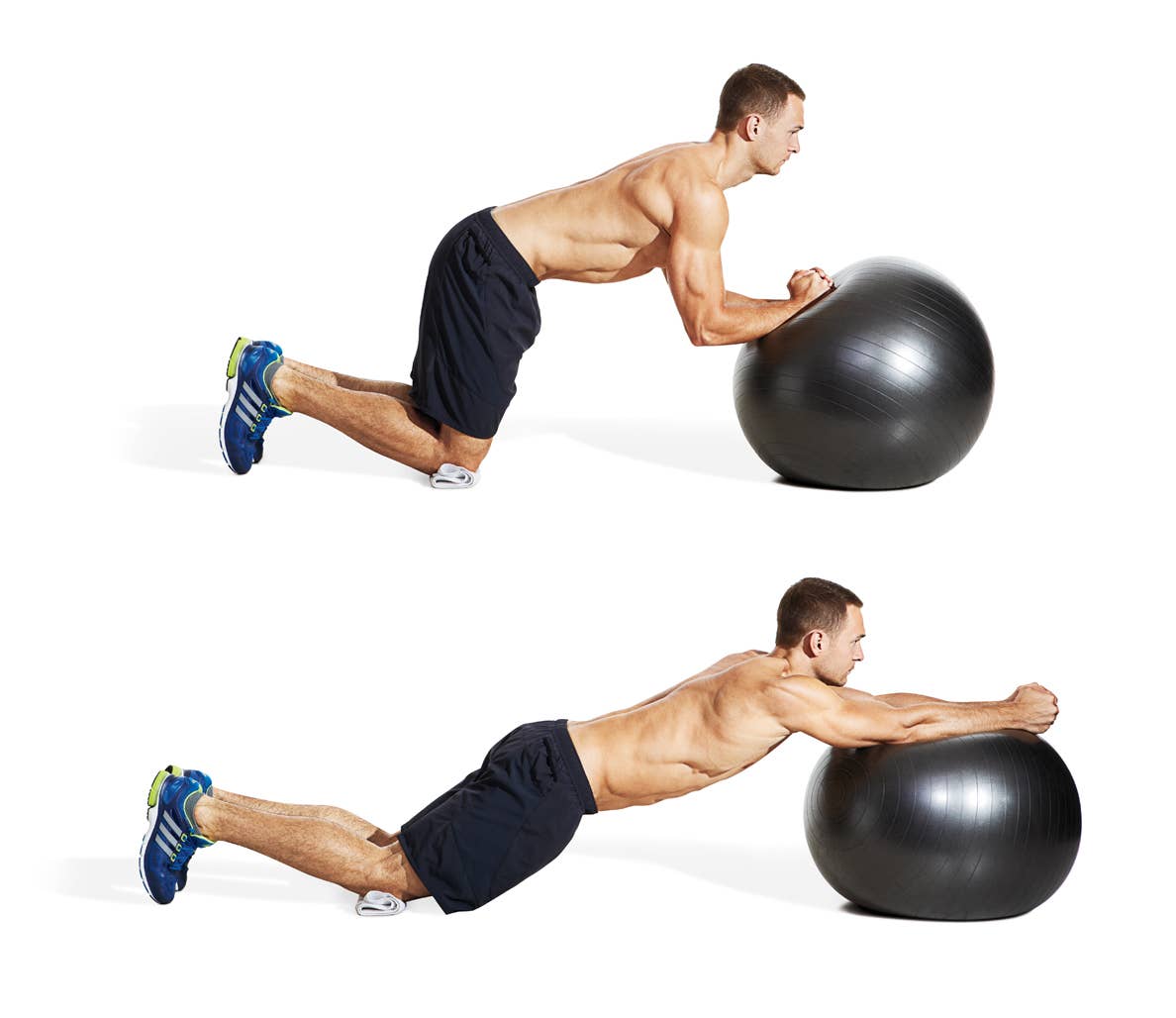 Ab Exercises: Shirtless caucasian man performs Swiss ball rollout.