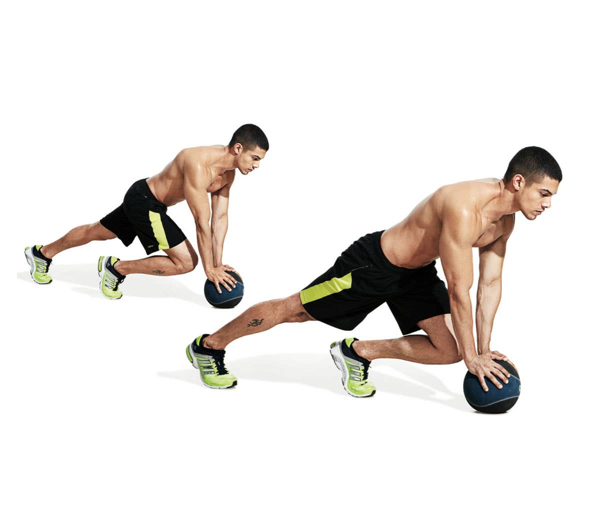 Best Abs Exercises: Shirtless man in black and yellow shorts performs medicine ball mountain climber