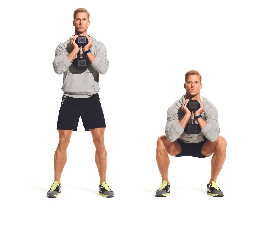 Ab Exrecises: Caucasian man in gray sweatshirt and black shorts performs goblet squat.