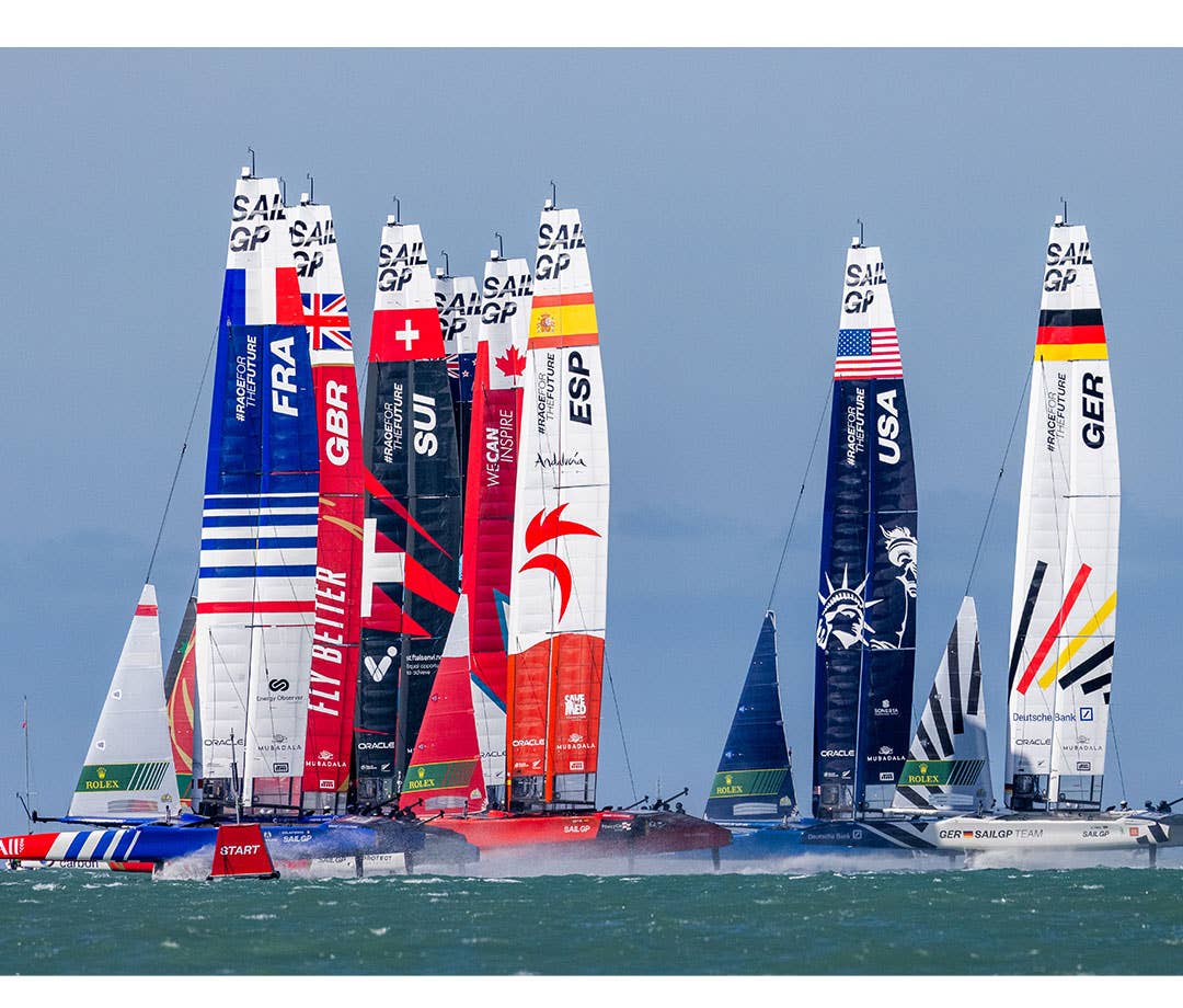 SailGP boats racing. Ocean background.