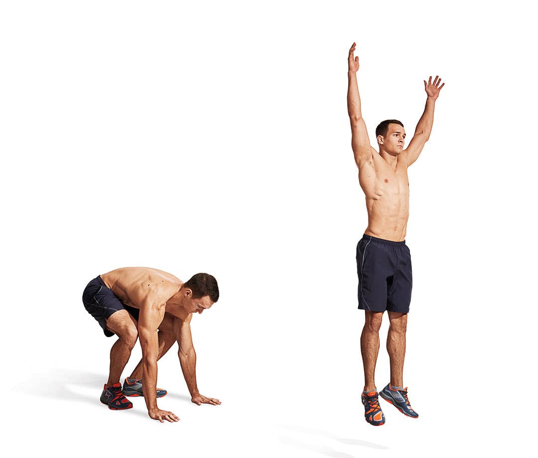 Best Dumbbell Back Exercises: Shirtless caucasian man performs burpee.