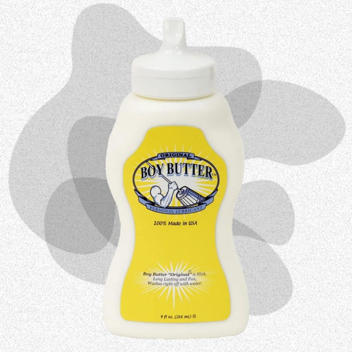 One of the best lubes for sex, the Boy Butter on a gray background