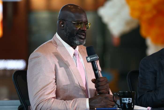 INDIANAPOLIS, IN - MAY 31: Shaquille O'Neal looks on before the game between the New York Knicks and the Indiana Pacers during Game 6 of the 2025 Eastern Conference Finals on May 31, 2025 at Gainbridge Fieldhouse in Indianapolis, Indiana. NOTE TO USER: User expressly acknowledges and agrees that, by downloading and or using this Photograph, user is consenting to the terms and conditions of the Getty Images License Agreement. Mandatory Copyright Notice: Copyright 2025 NBAE (Photo by David L. Nemec /NBAE via Getty Images)