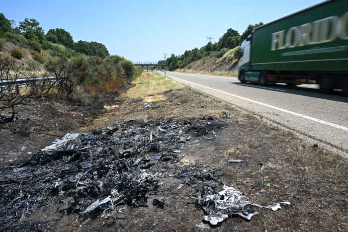 General view of the crash site where Liverpool FC player Diogo Jota and his brother André Silva lost their lives, showing the wreckage of the Lamborghini Huracan at kilometre 65 of the A-52, near the town of Cernadilla, close to Zamora, Spain.