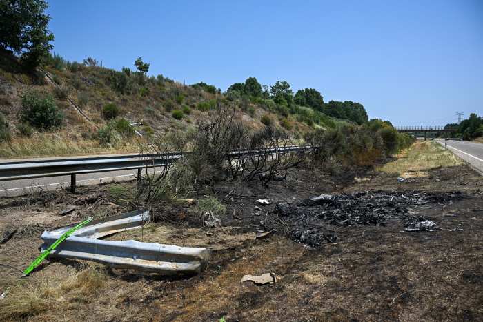 General view of the crash site where Liverpool FC player Diogo Jota and his brother André Silva lost their lives, showing the wreckage of the Lamborghini Huracan at kilometre 65 of the A-52, near the town of Cernadilla, close to Zamora, Spain.