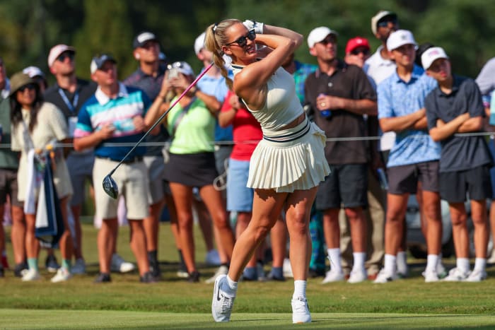 ATLANTA, GEORGIA - AUGUST 28: Paige Spiranac hits a tee shot on the 13th hole during the 2024 Creator Classic prior to the TOUR Championship at East Lake Golf Club on August 28, 2024 in Atlanta, Georgia. (Photo by Mike Mulholland/Getty Images)