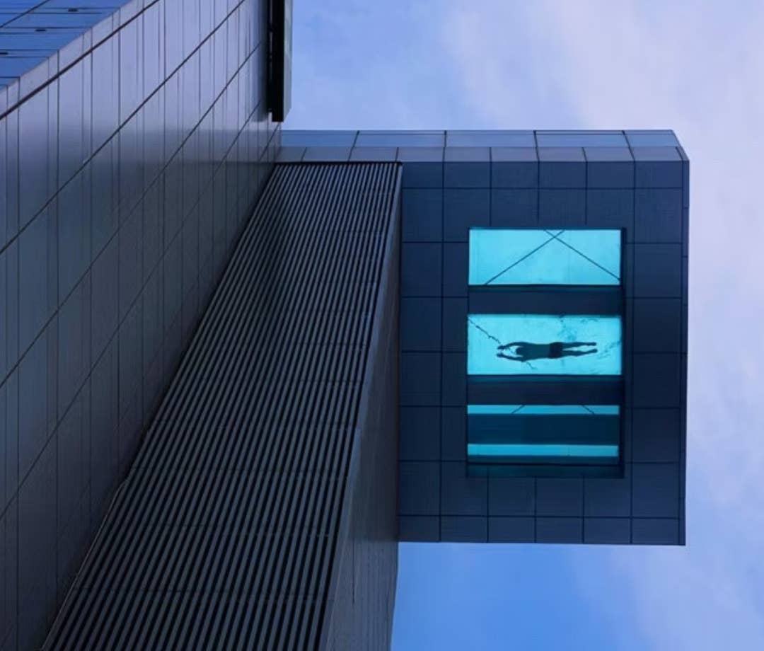 Upward angle of glass-bottom pool at Holiday Inn Shanghai Pudong Kangqiao, Shanghai, China.