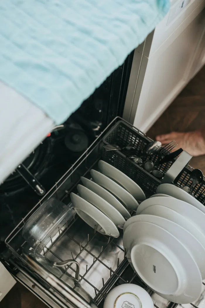 top view of a neatly loaded dishwasher