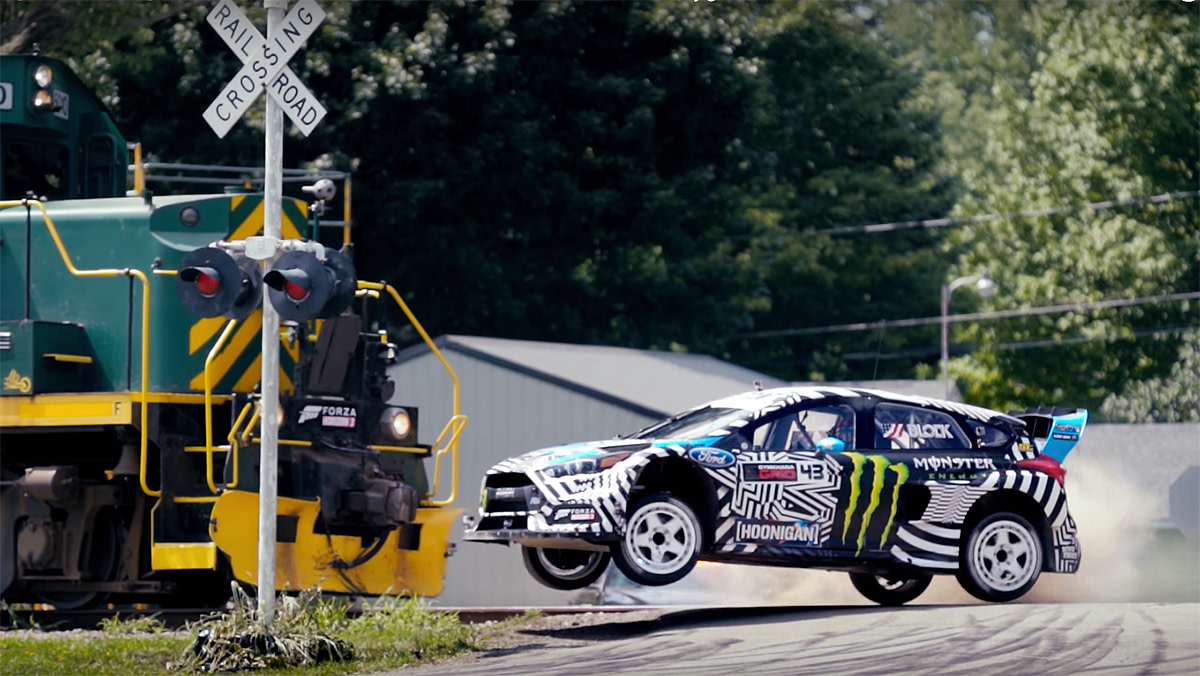 Ken Block takes on trains, helicopters and drawbridges in new